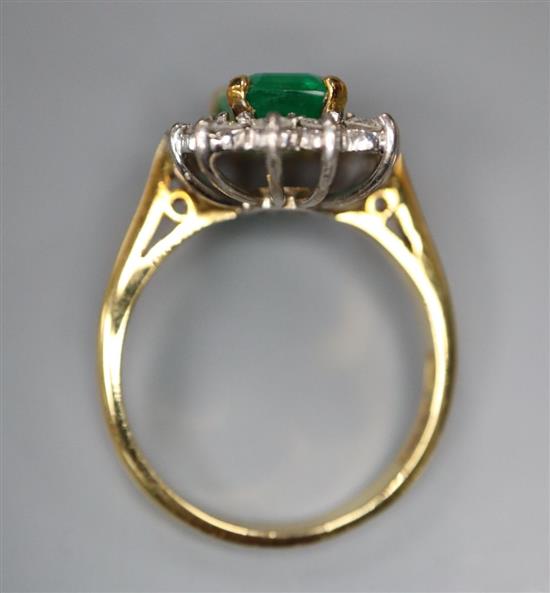 A modern 18ct gold, emerald and diamond rectangular cluster ring, size L, gross 5 grams.